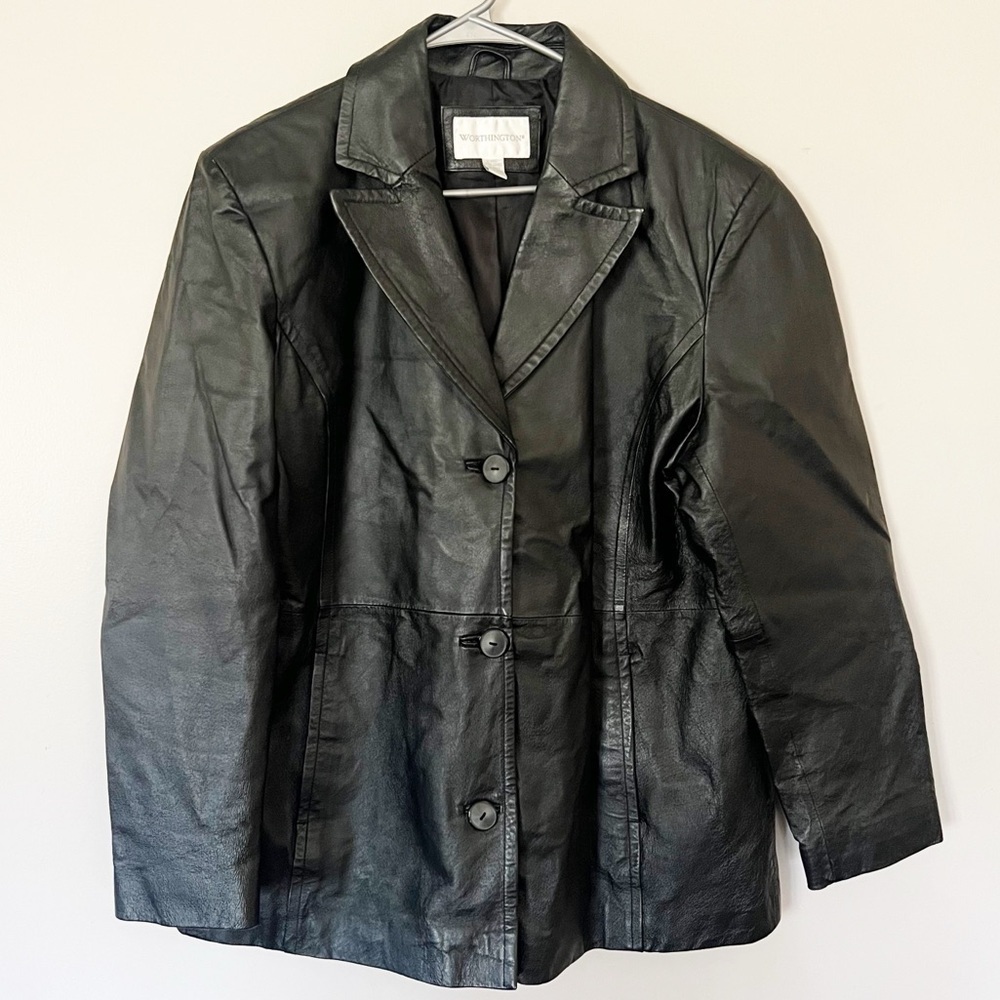 Vintage Black Leather Jacket Blazer Button XL Women’s Pockets Classic Edgy Chic